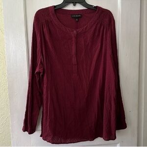 Lane Bryant Boho Long Sleeve Burgundy Swiss Dot Lightweight Blouse Top